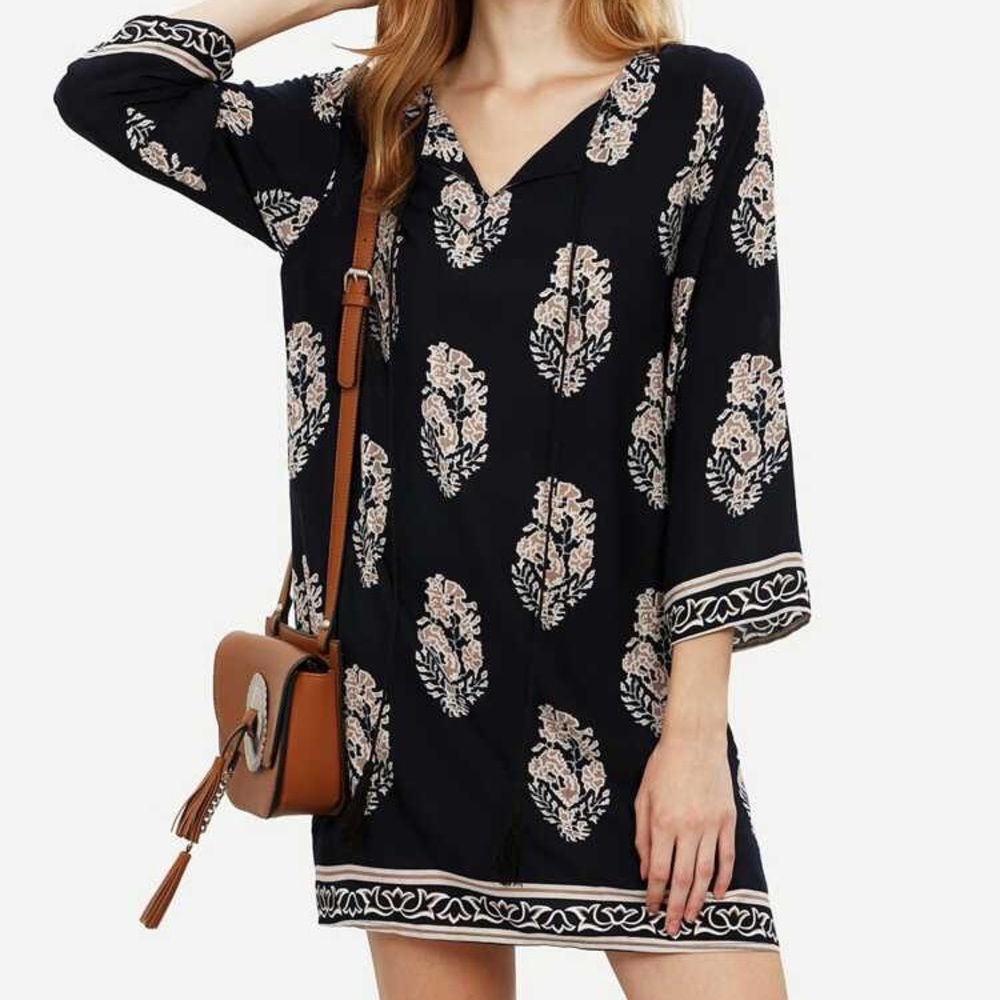 Shein Vintage Print V Floral Leaf Tassel Dress